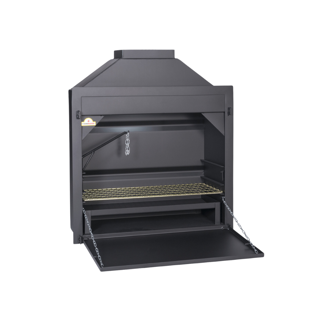A black build-in braai fireplace with a full-length braai grid, ash pan, potjie hook, light fitting, top and bottom door, insulation material, and a guarantee certificate.