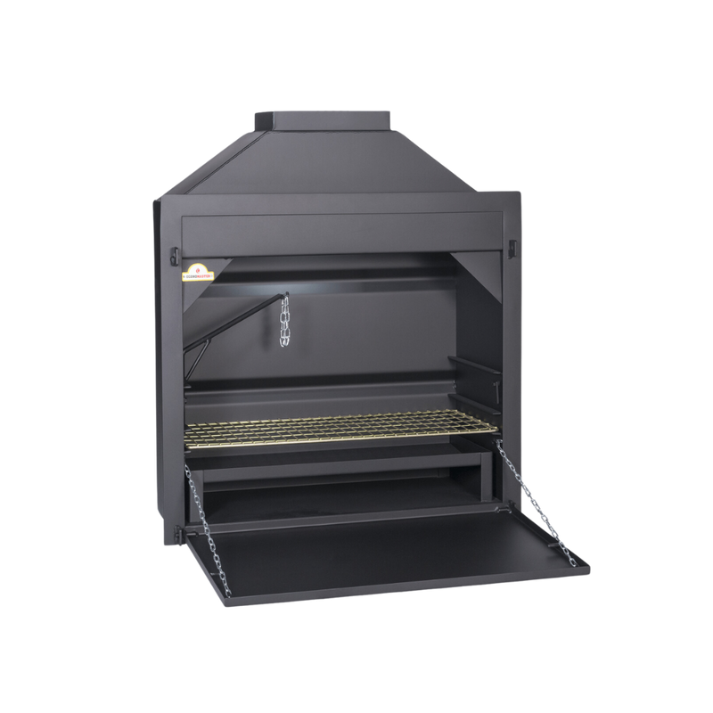 A black build-in braai fireplace with a full-length braai grid, ash pan, potjie hook, light fitting, top and bottom door, insulation material, and a guarantee certificate.