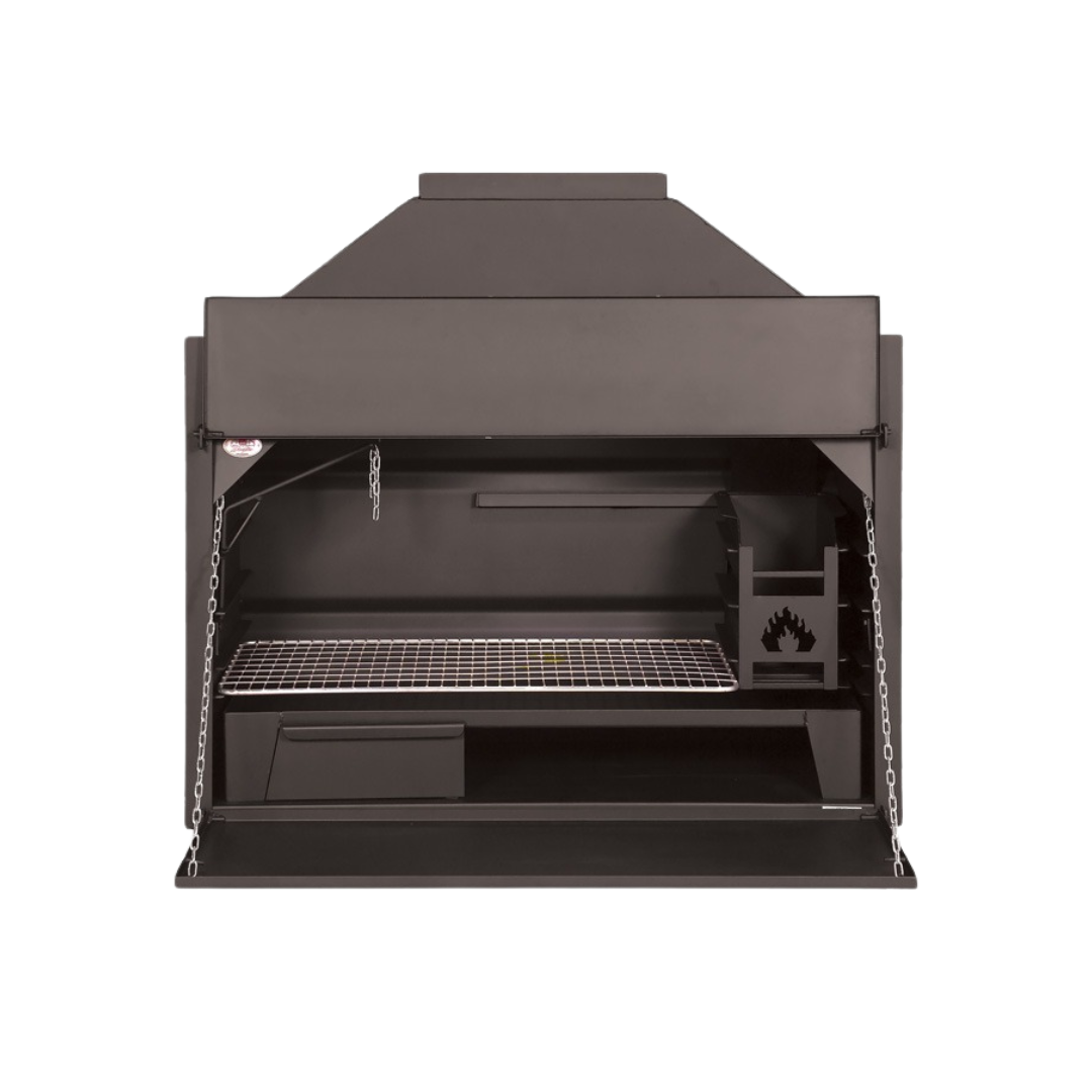 A black build-in braai grill with a closed lid and a visible branding on the front.