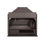 A black build-in braai grill with a closed lid and a visible branding on the front.