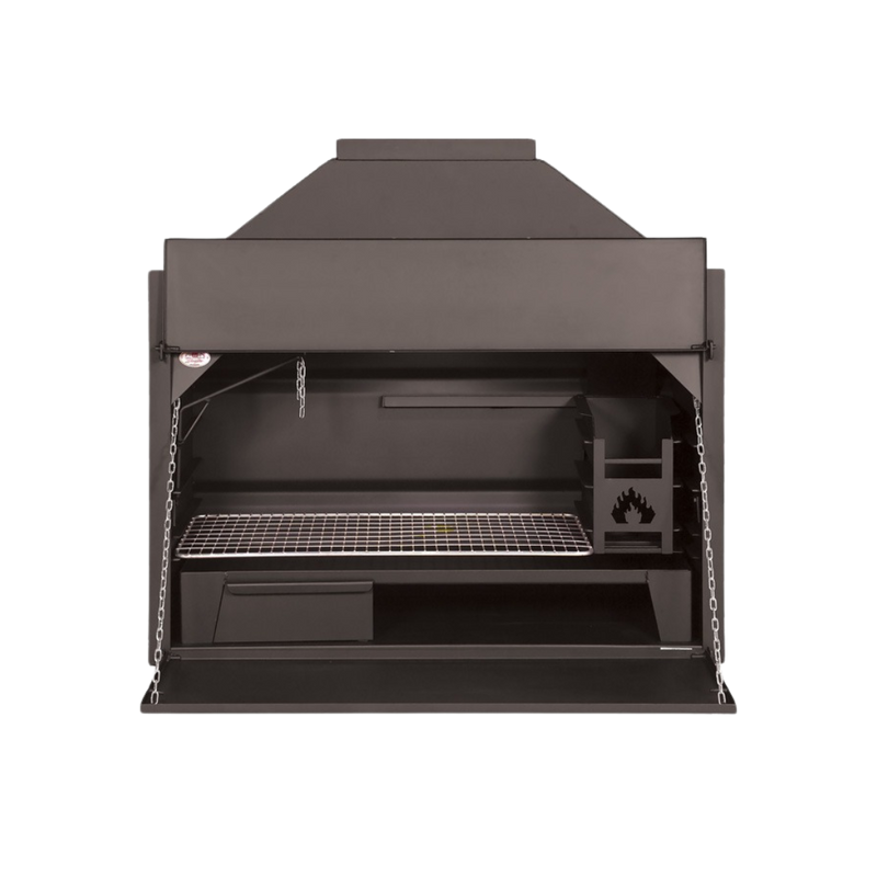 A black build-in braai grill with a closed lid and a visible branding on the front.