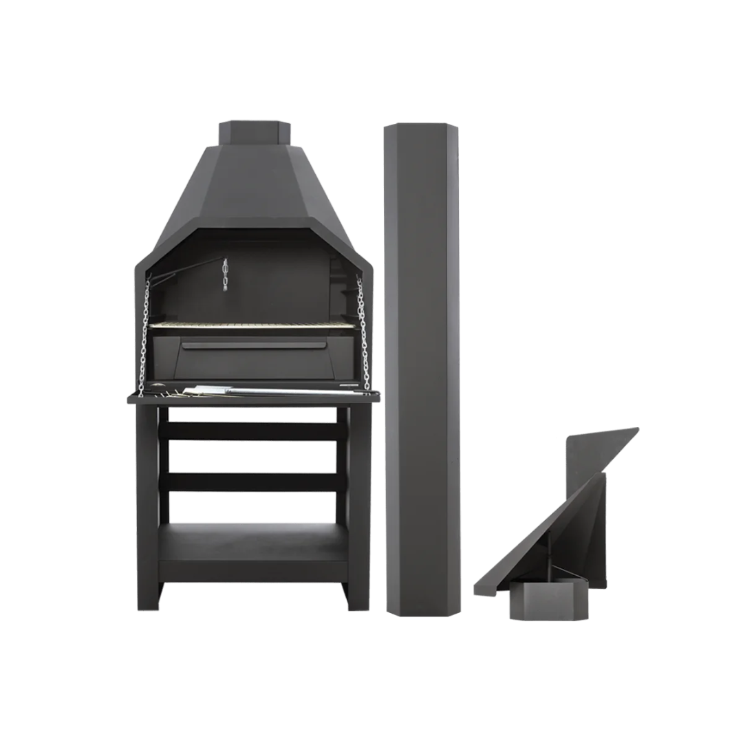 A free-standing braai unit with a black finish, consisting of a grill on top, an ash drawer, and a spade. The unit is displayed with an open lid showing the internal components and a closed lid for the view of the front.