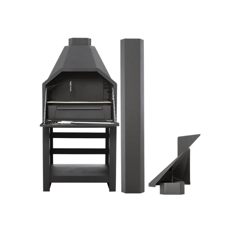 A free-standing braai unit with a black finish, consisting of a grill on top, an ash drawer, and a spade. The unit is displayed with an open lid showing the internal components and a closed lid for the view of the front.