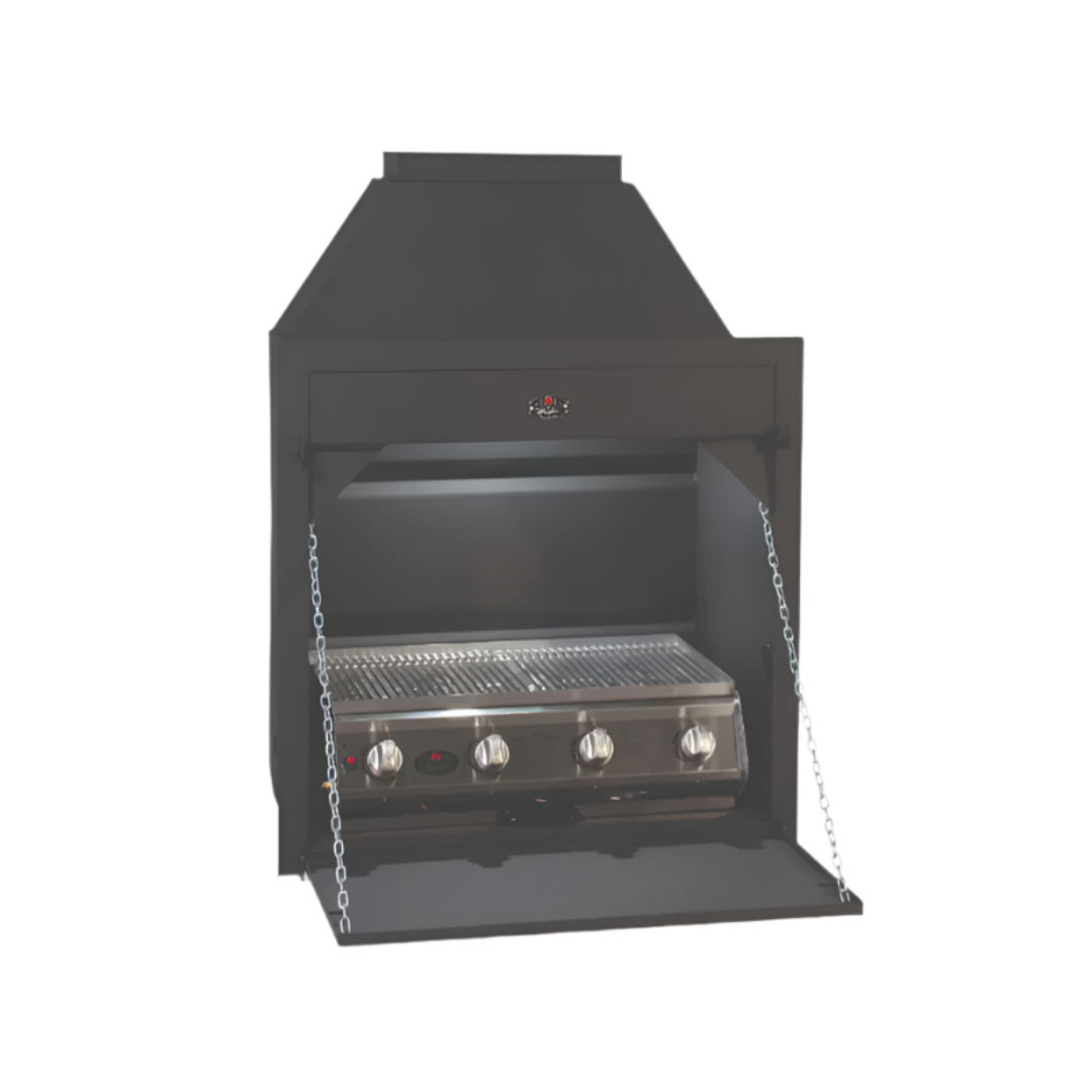 A black built-in gas grill with a closed lid and a side view showing the grill interior, control knobs, and a potjie hook.