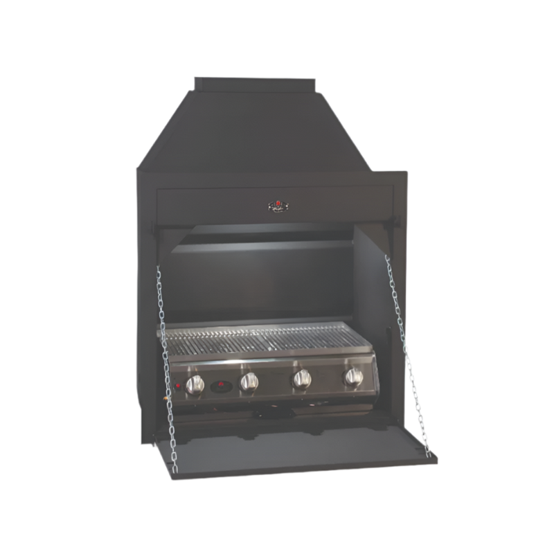 A black built-in gas grill with a closed lid and a side view showing the grill interior, control knobs, and a potjie hook.