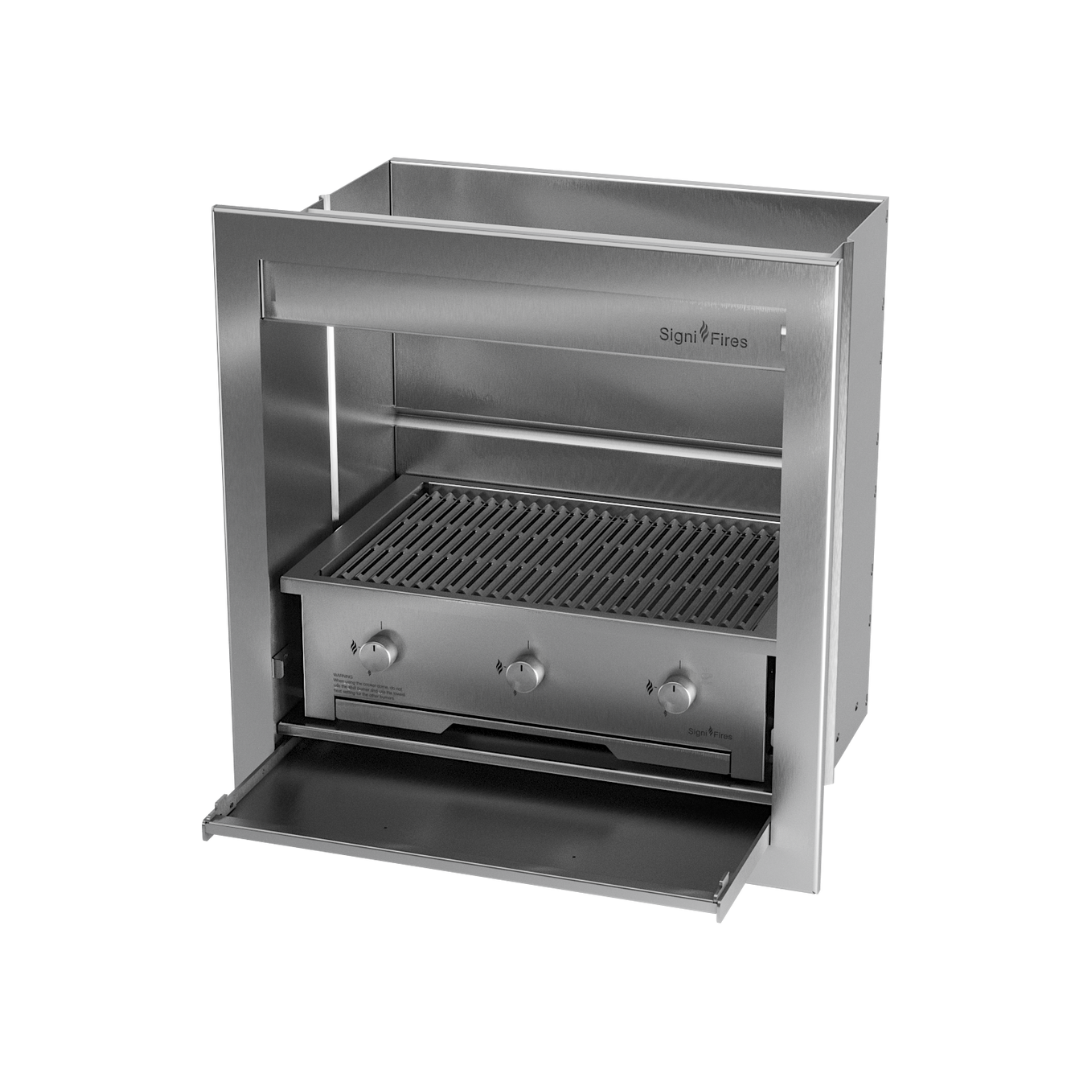A built-in stainless steel gas braai with a closed lid, set against a white background.