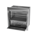 A built-in stainless steel gas braai with a closed lid, set against a white background.