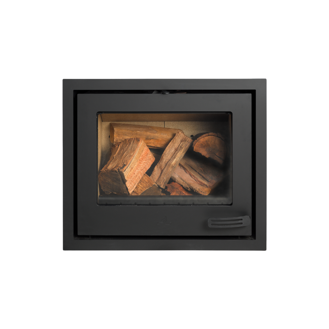 A black single sided fireplace insert with wood visible behind the glass panel.