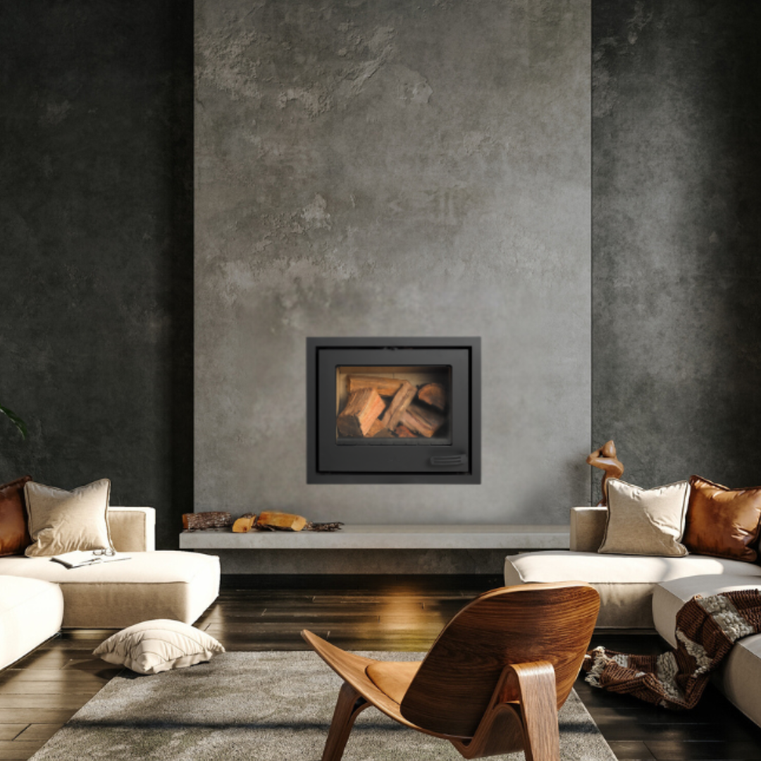 8 kW wood insert fireplace in a styled room, efficient heating for small spaces.
