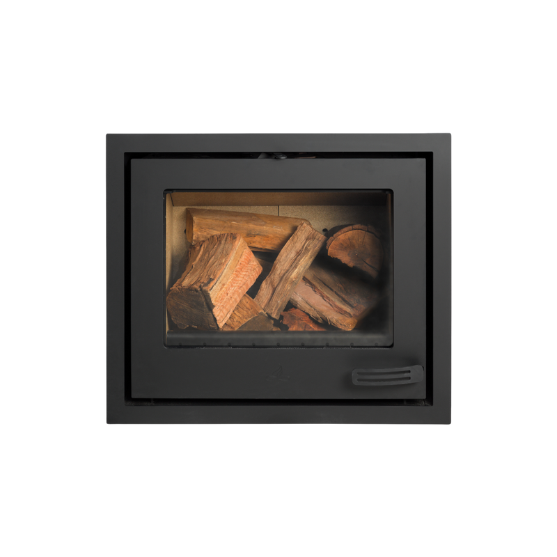 A black single sided fireplace insert with wood visible behind the glass panel.