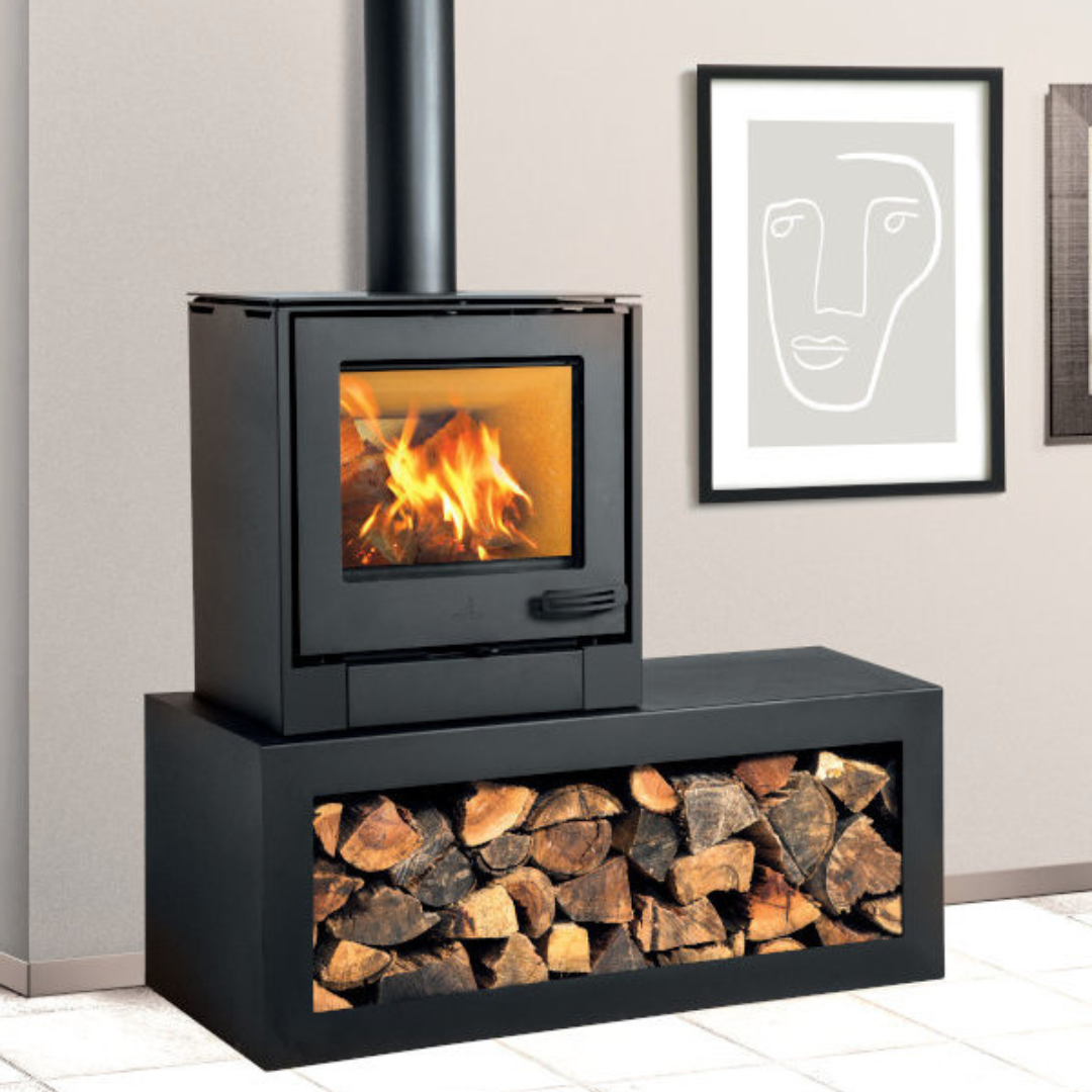 8 kW freestanding long woodbox fireplace with storage base, front view