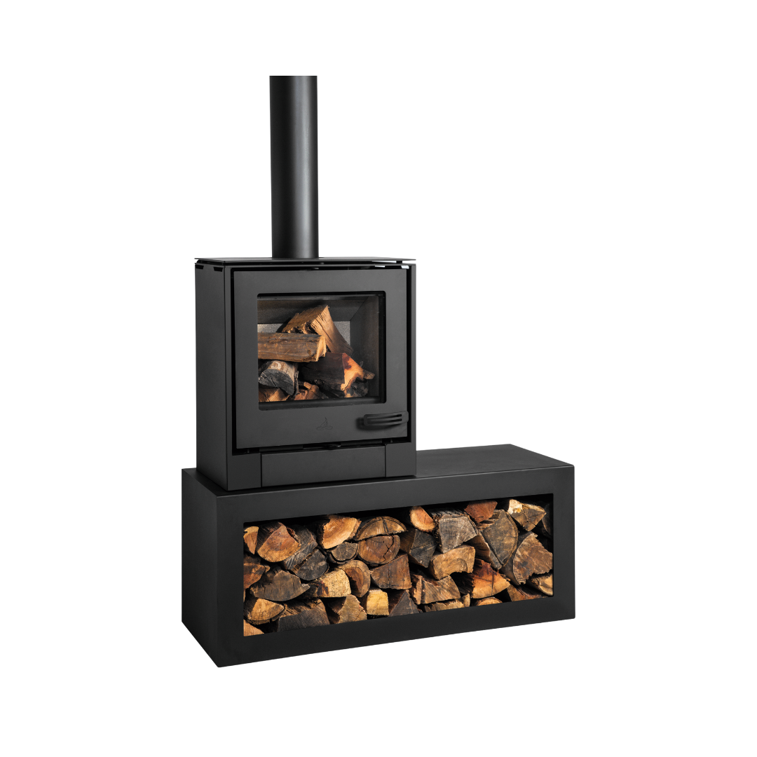 A black freestanding wood stove with a visible firebox and a long wood storage box beneath it.