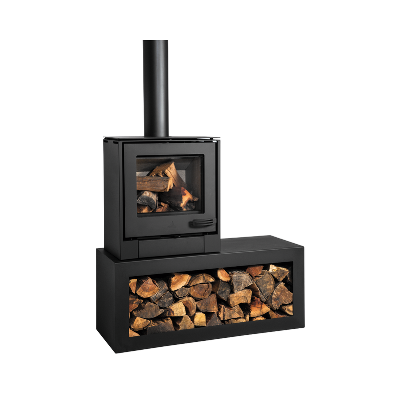 A black freestanding wood stove with a visible firebox and a long wood storage box beneath it.