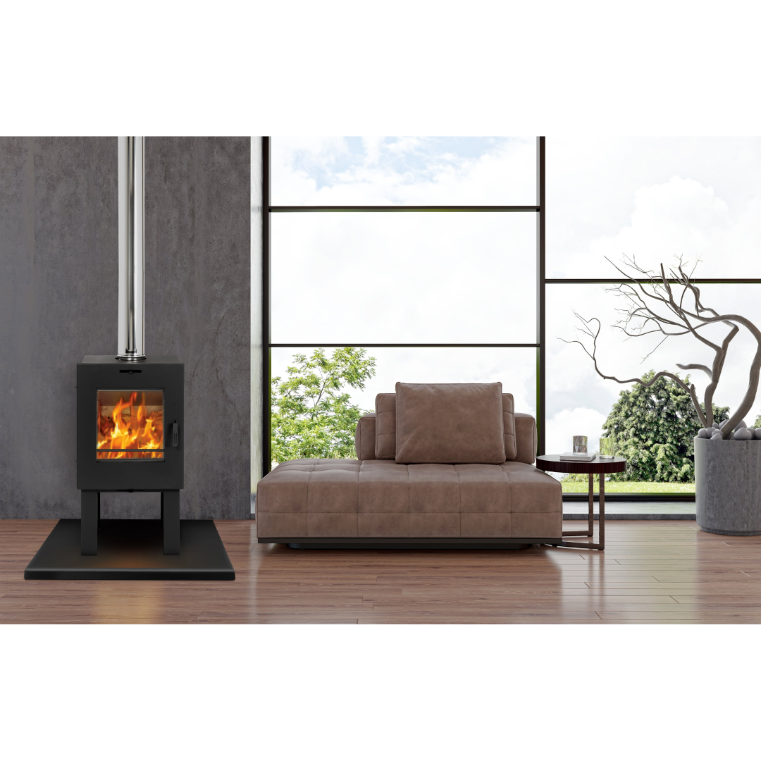 8 kW Ardor wood stove lifestyle image compact freestanding fireplace