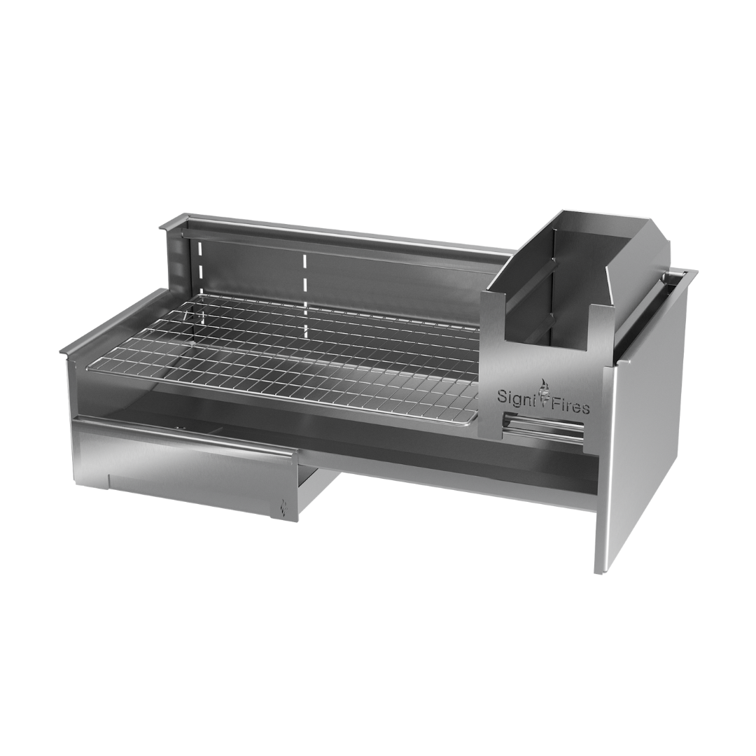 A built-in stainless steel braai (grill) with a closed lid, designed to be inserted into a chimney breast.