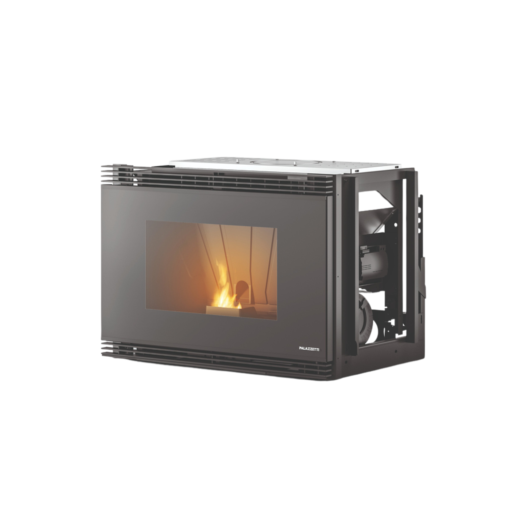 A black pellet fireplace insert with visible flames, designed for use in a fireplace.