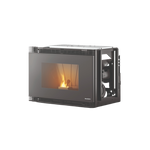 A black pellet fireplace insert with visible flames, designed for use in a fireplace.