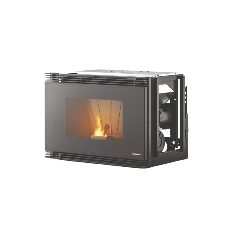 A black pellet fireplace insert with visible flames, designed for use in a fireplace.