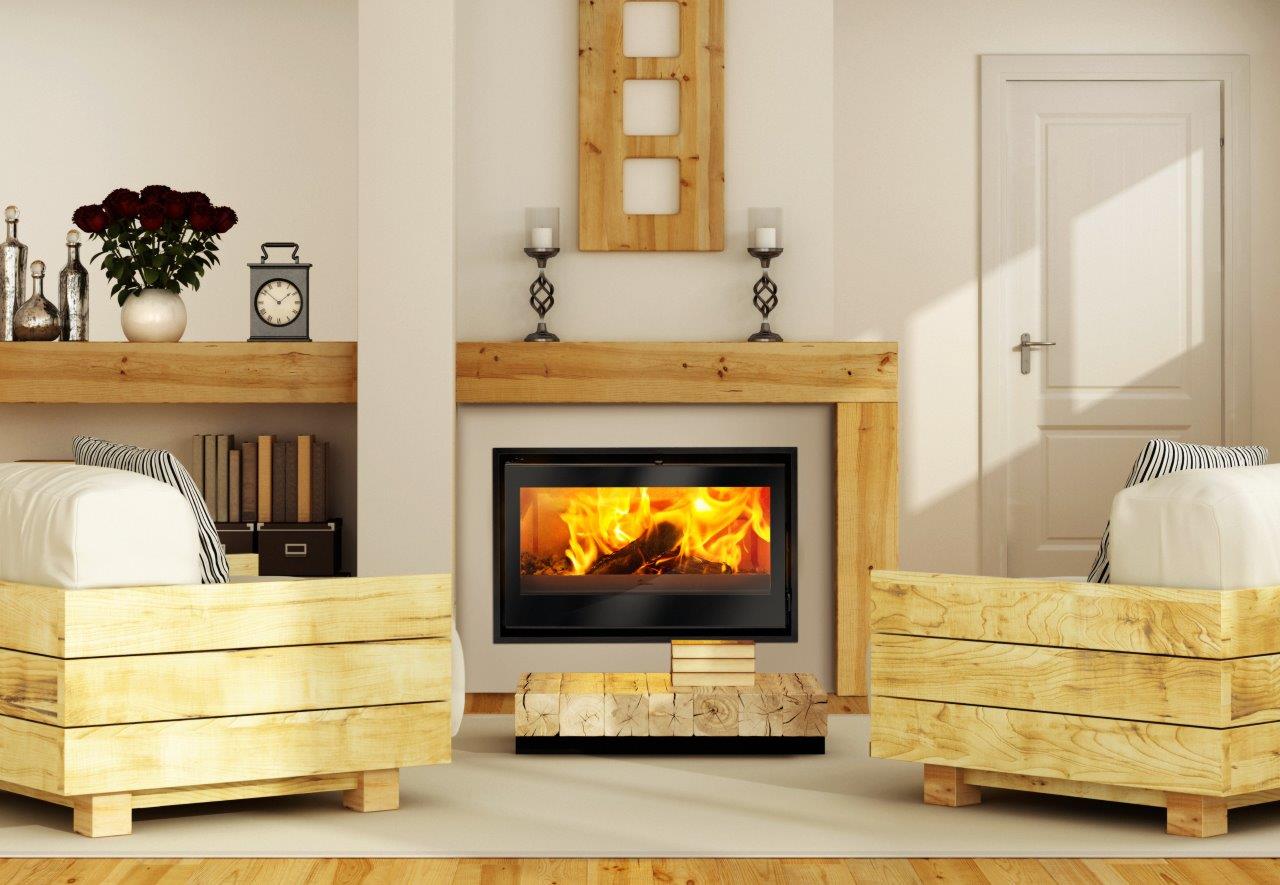 Close up of Lacunza Aroa 700 fireplace, detail of door and frame.