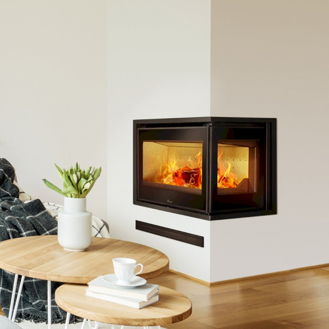 Adour CLD built-in wood burning fireplace, clean design and efficient heating for contemporary interiors.