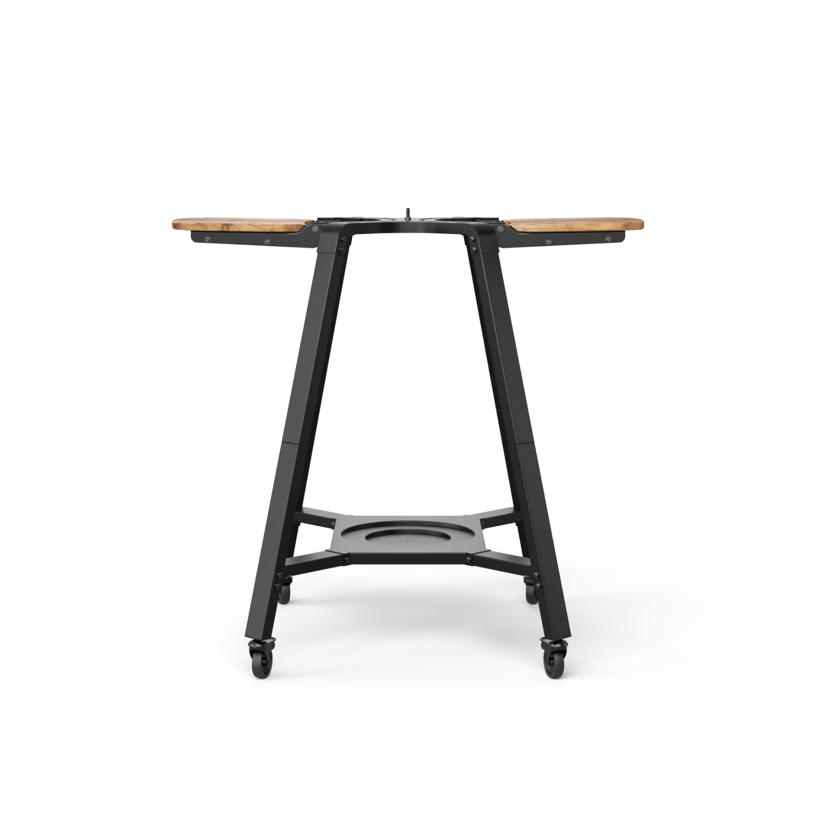 Black metal table with wooden top on a white background