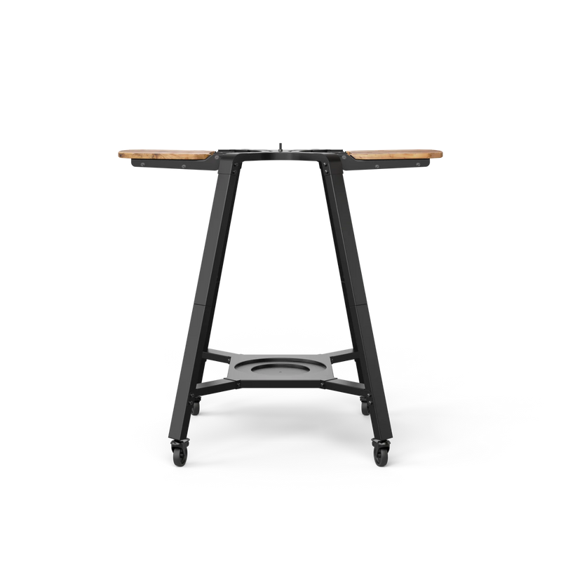 Black metal table with wooden top on a white background