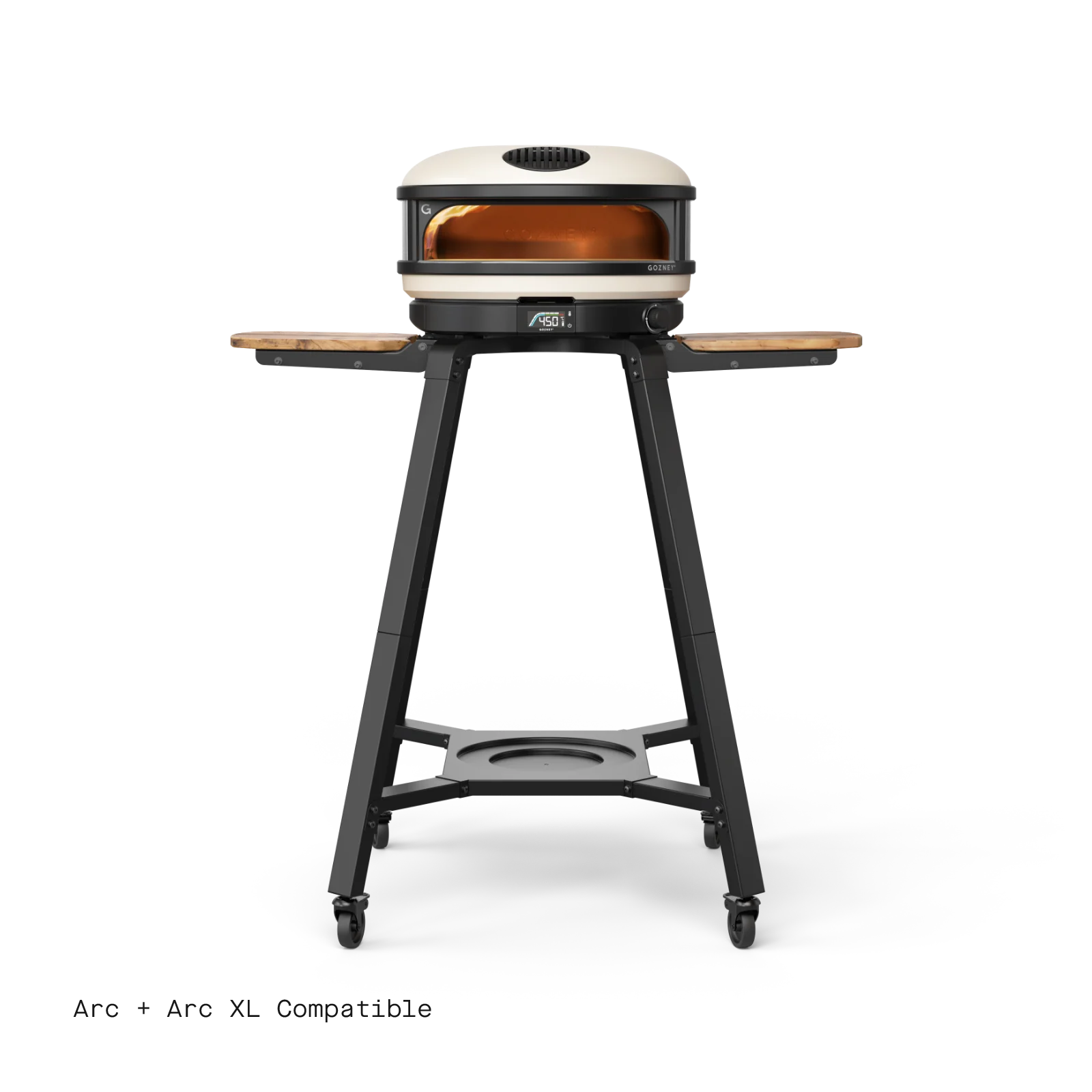 Portable pizza oven on a stand with 'Arc' branding on a white background