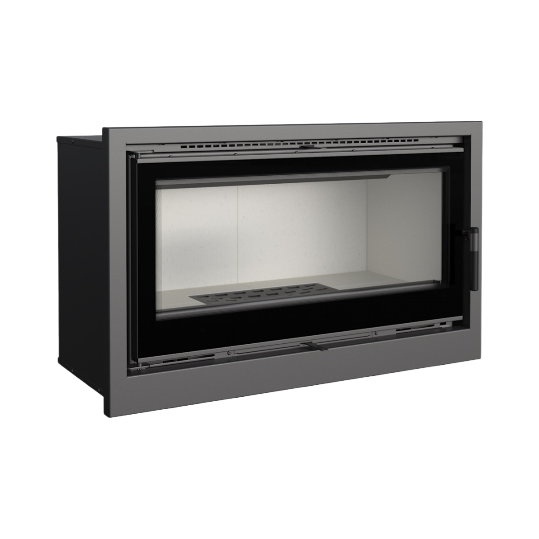 A built-in fireplace insert with a visible firebox and glass doors.