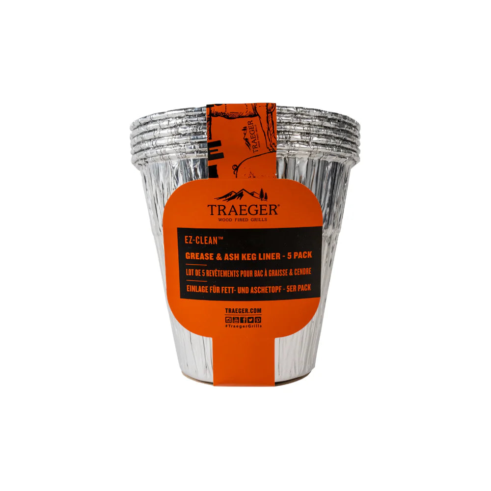 Pack of Traeger grease and ash liner cups with orange label on a white background
