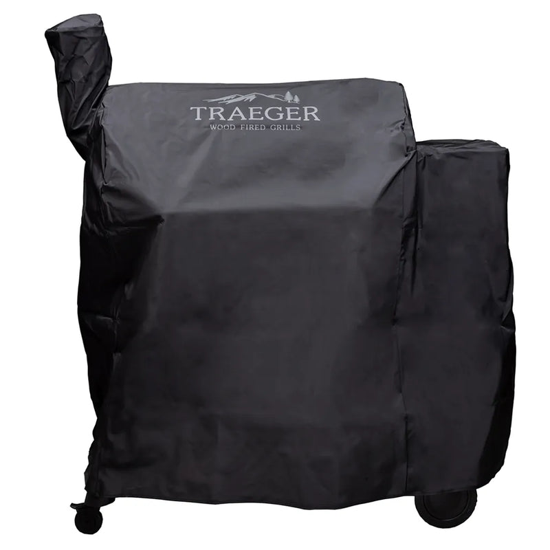 Black grill cover with Traeger logo on a white background
