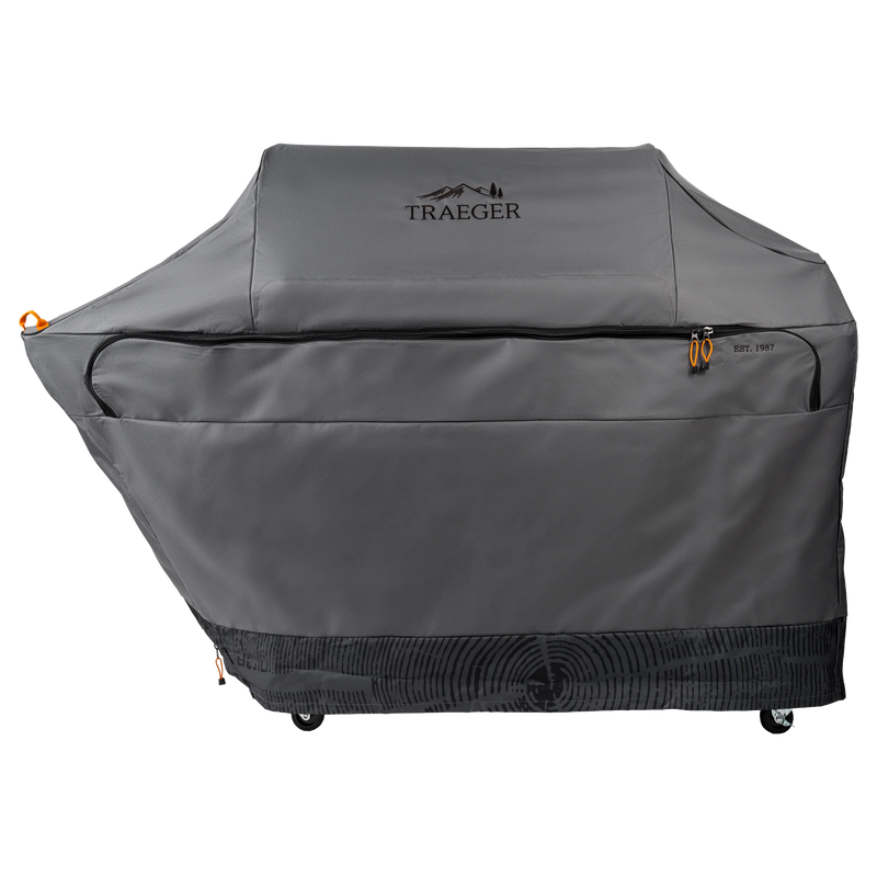 Gray grill cover with Traeger logo on a white background
