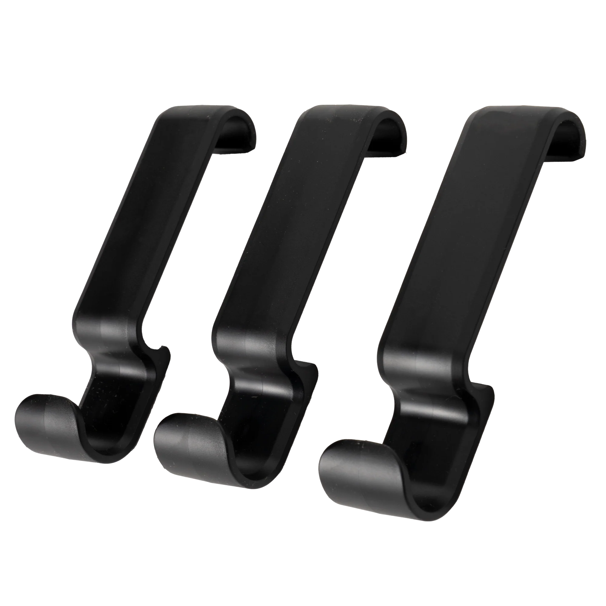 Three black hooks on a white background