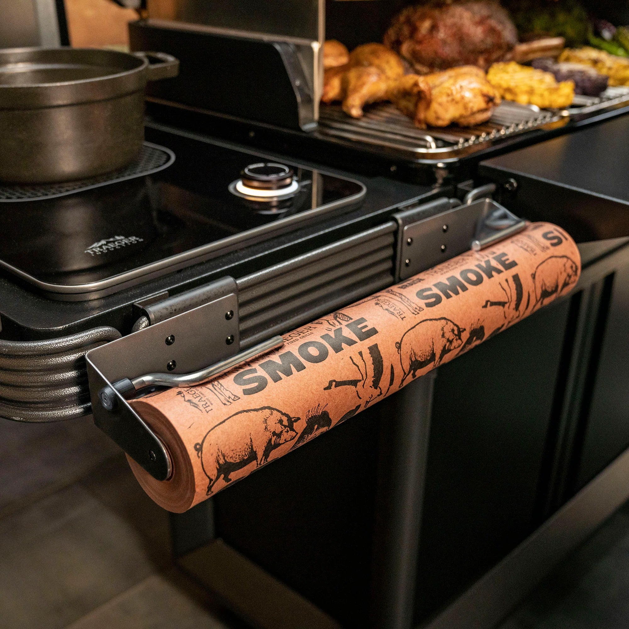 Roll of paper towels with 'Smoke' branding on a stove