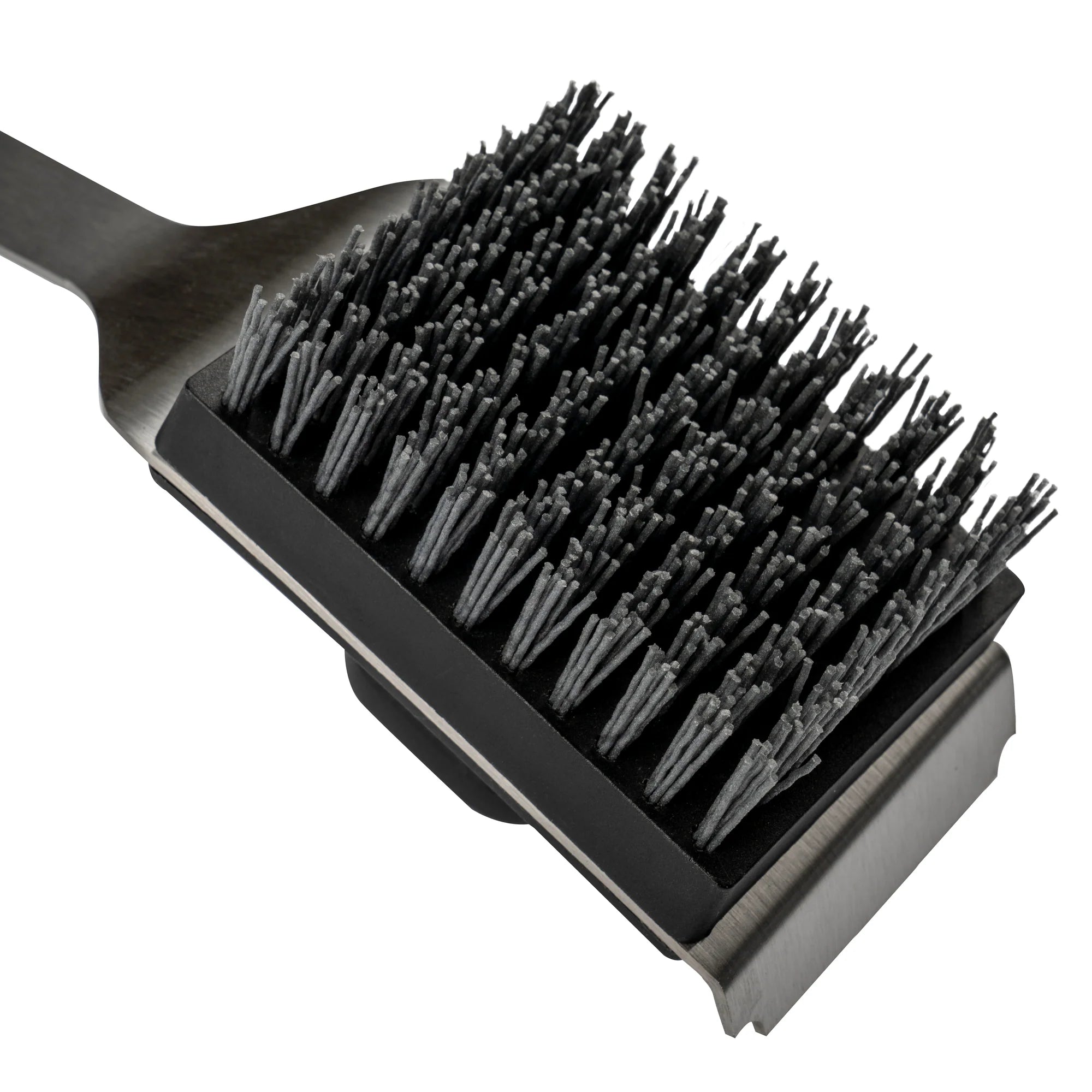 Black grill brush with bristle head on a white background