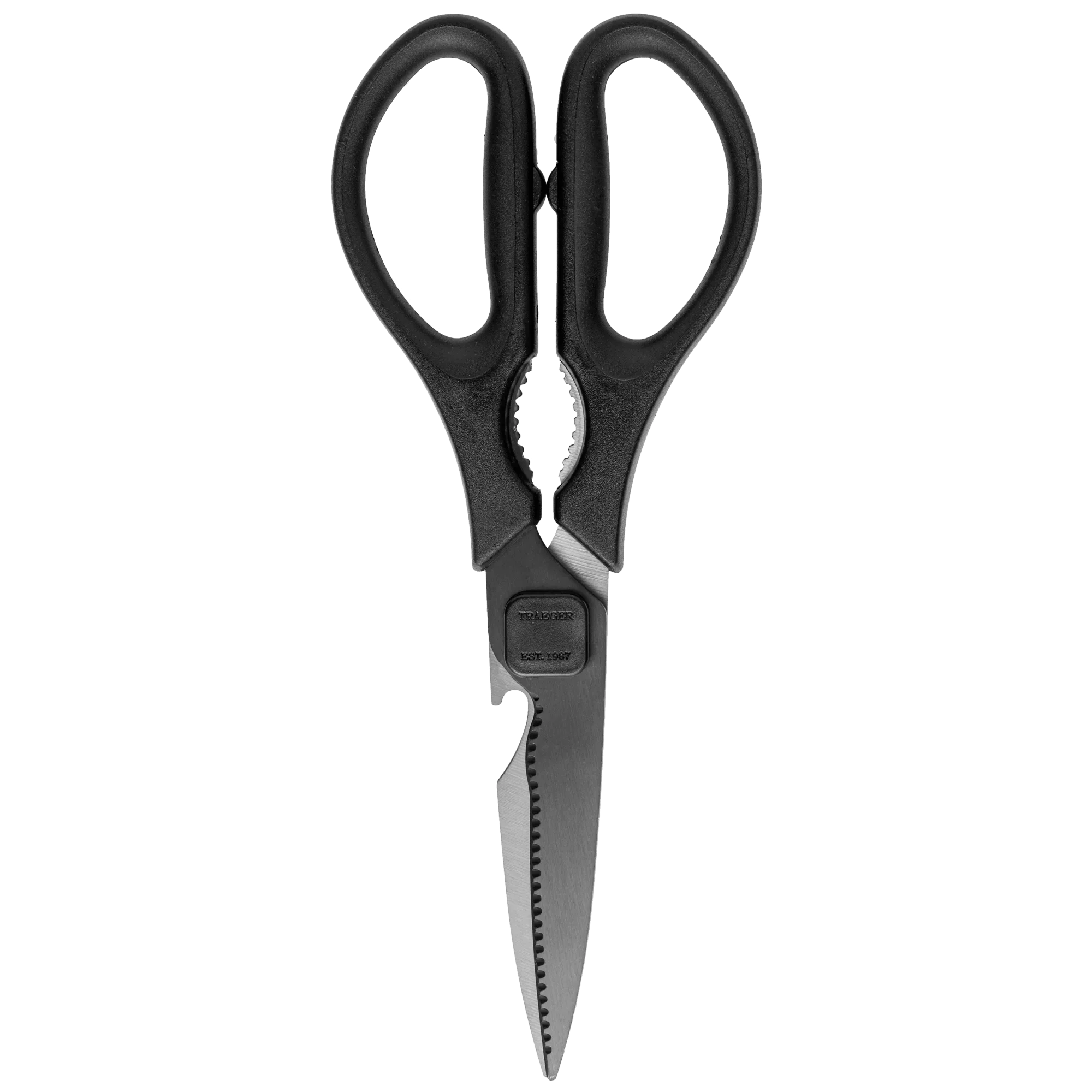 Black-handled scissors with a metallic blade on a white background