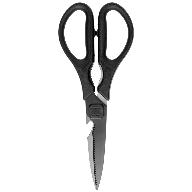 Black-handled scissors with a metallic blade on a white background