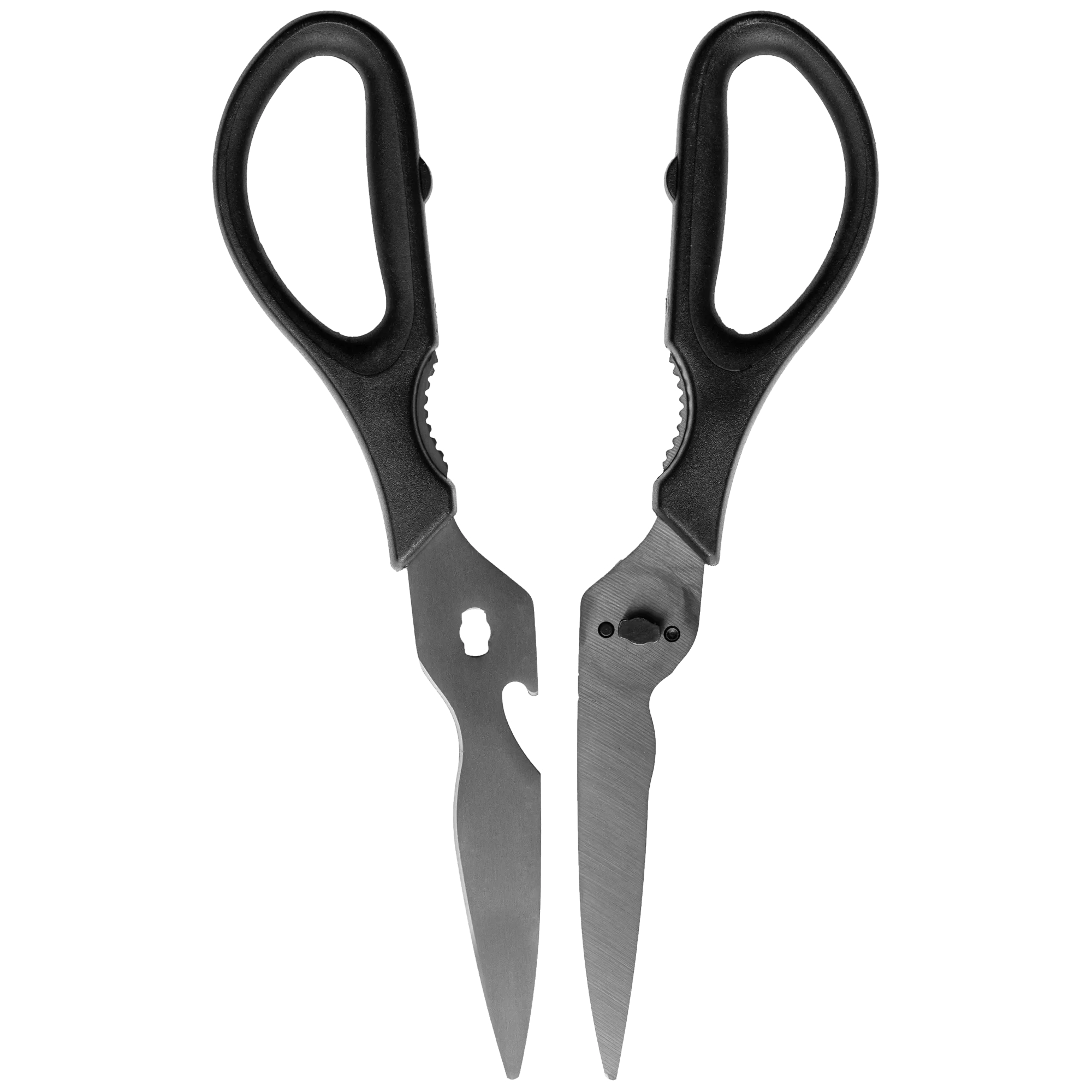 Black-handled scissors with metallic blades on a white background