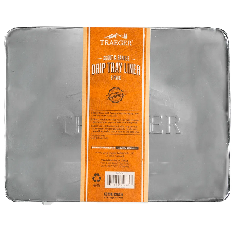 Traeger drip tray liner packaging with orange label on a white background