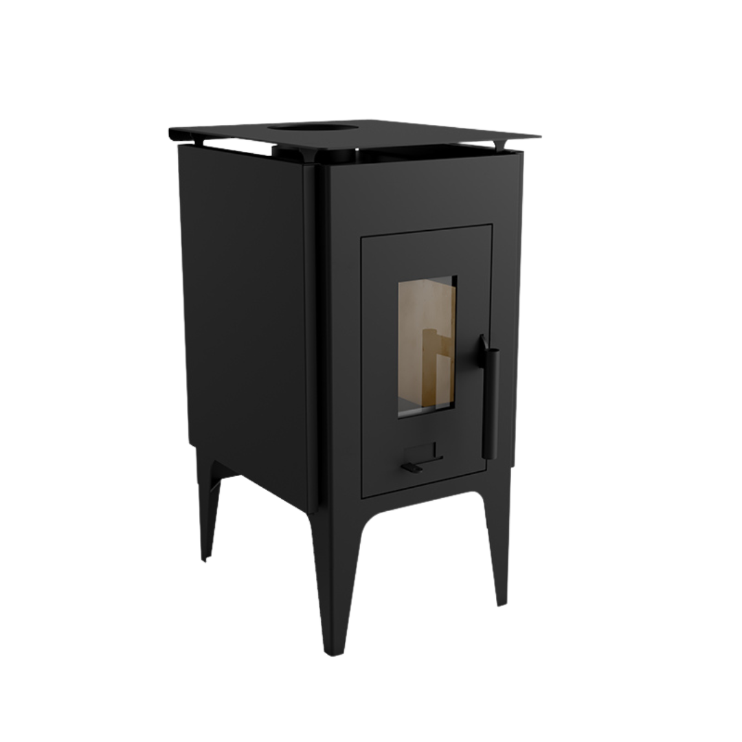 A black freestanding electric fireplace with a visible front-mounted control panel and a visible opening for logs.
