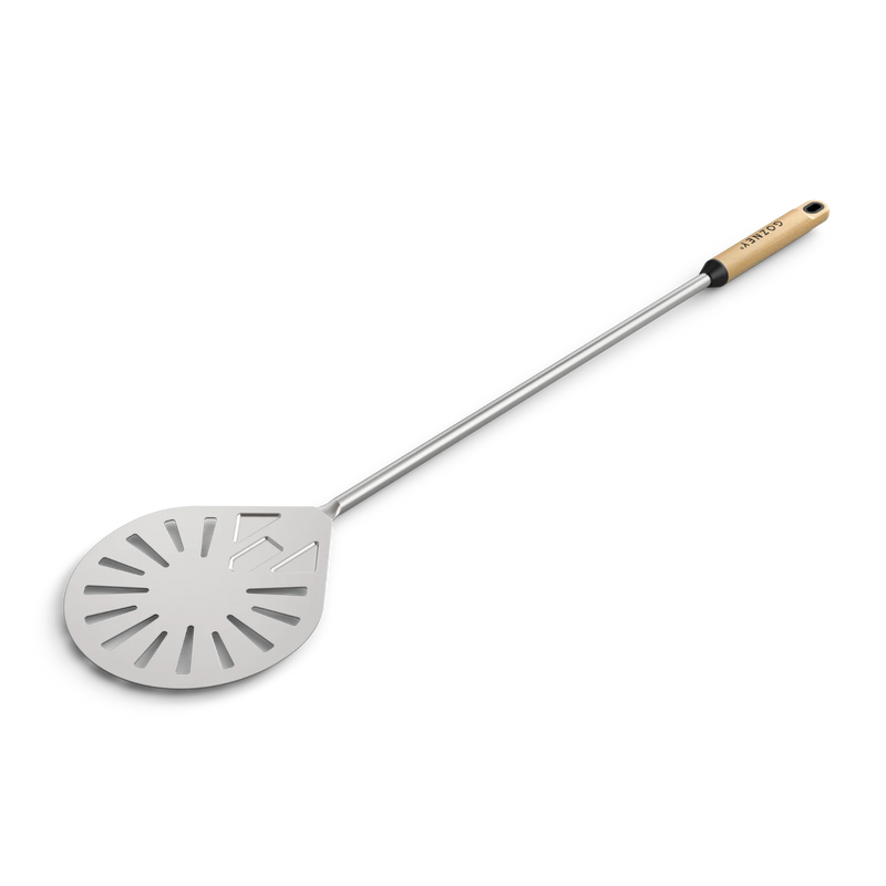 Metal spatula with wooden handle on a white background