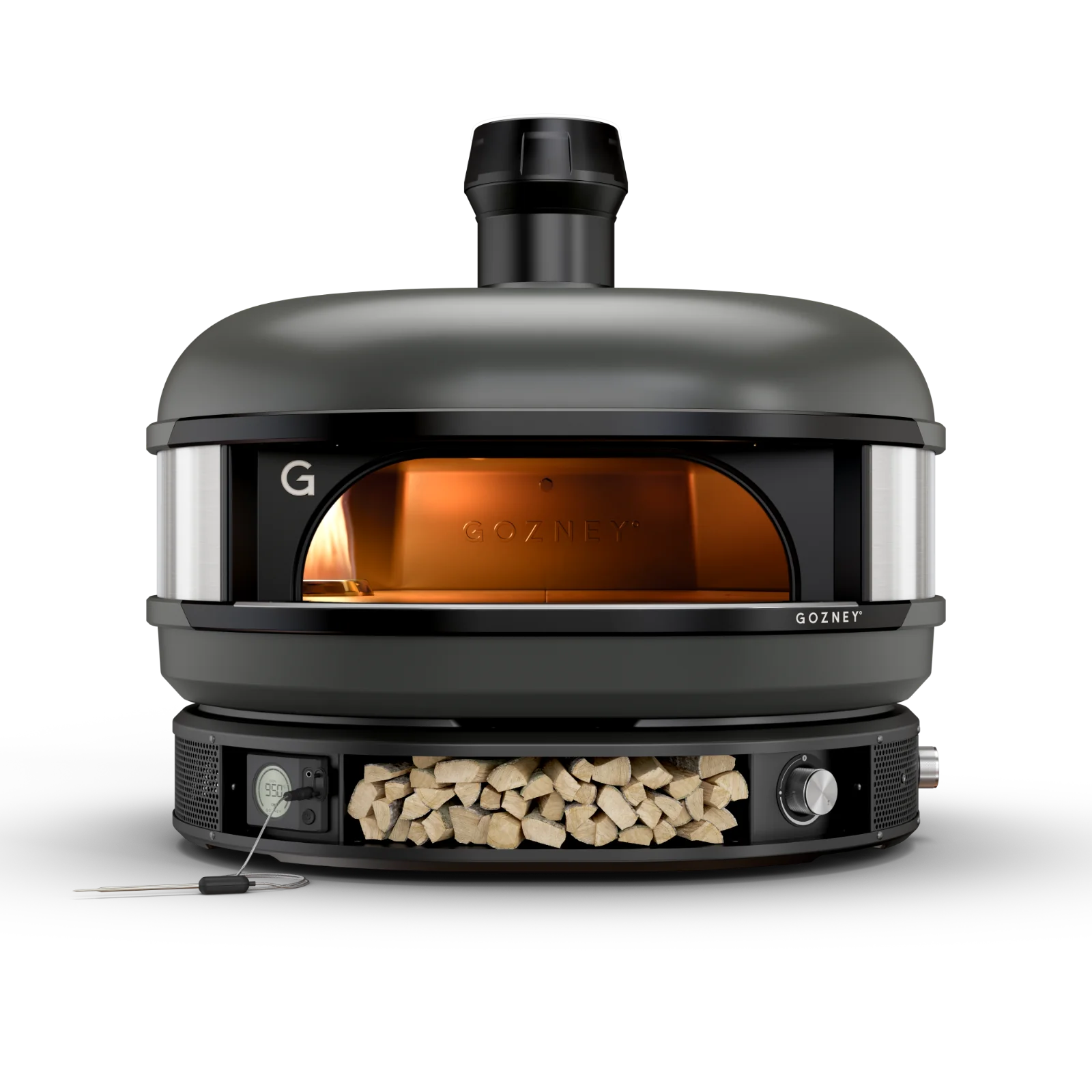 Black Gozney pizza oven with wood storage on a white background