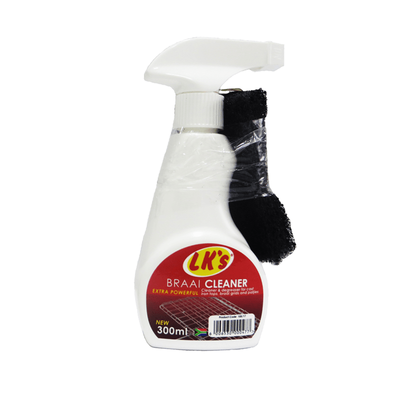 300ml white spray bottle with red and black label, branded as LK's BRAAI CLEANER, accompanied by a heavy-duty black sponge.