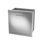 A built-in stainless steel gas braai with a closed lid, set against a white background.