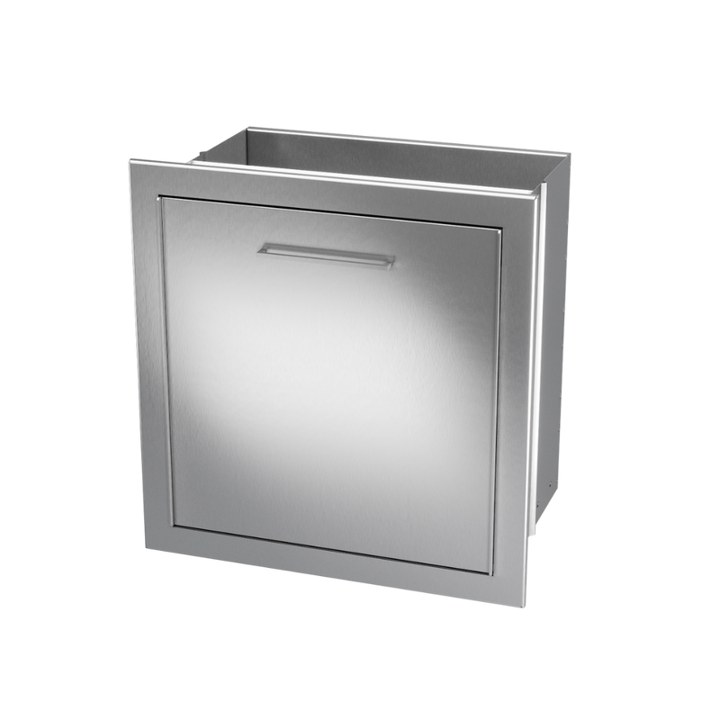 A built-in stainless steel gas braai with a closed lid, set against a white background.