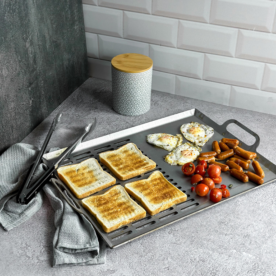 Breakfast pan shown in lifestyle outdoor cooking setup