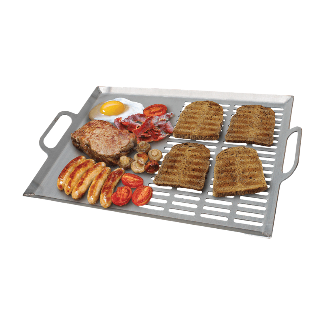 A stainless steel griddle pan with handles, displaying various food items such as eggs, sausages, and pancakes, indicating usage for grilling and frying.
