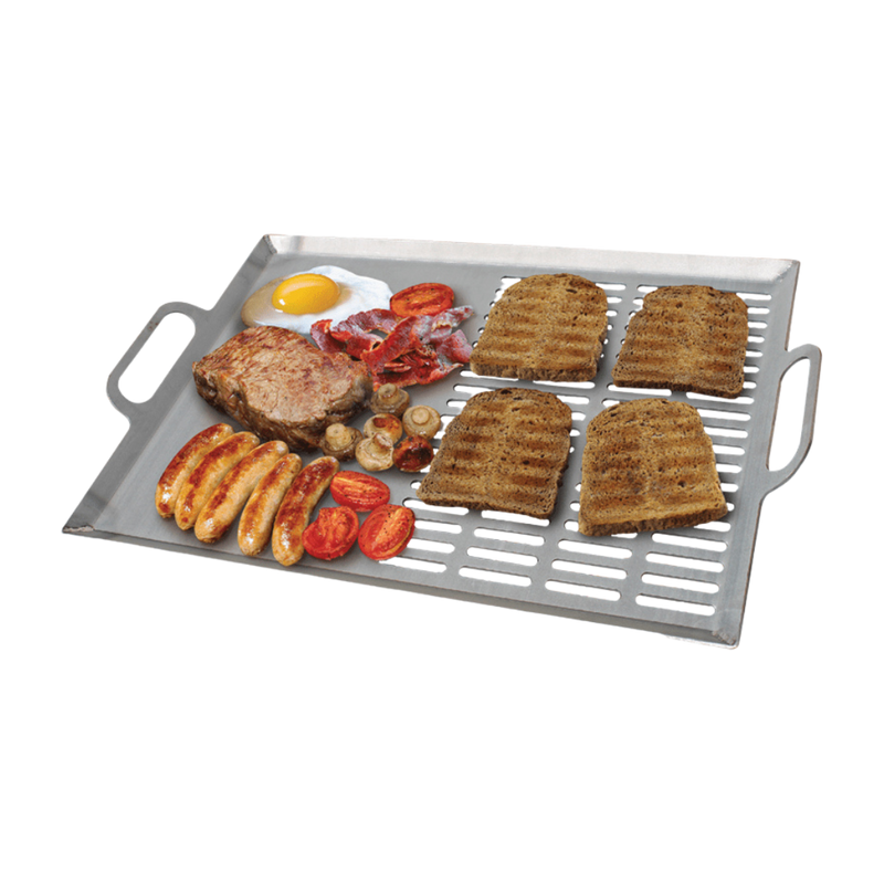 A stainless steel griddle pan with handles, displaying various food items such as eggs, sausages, and pancakes, indicating usage for grilling and frying.