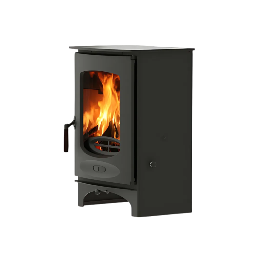 A black freestanding Charnwood multi-fuel fireplace with visible flames and a heat resistant wooden handle.