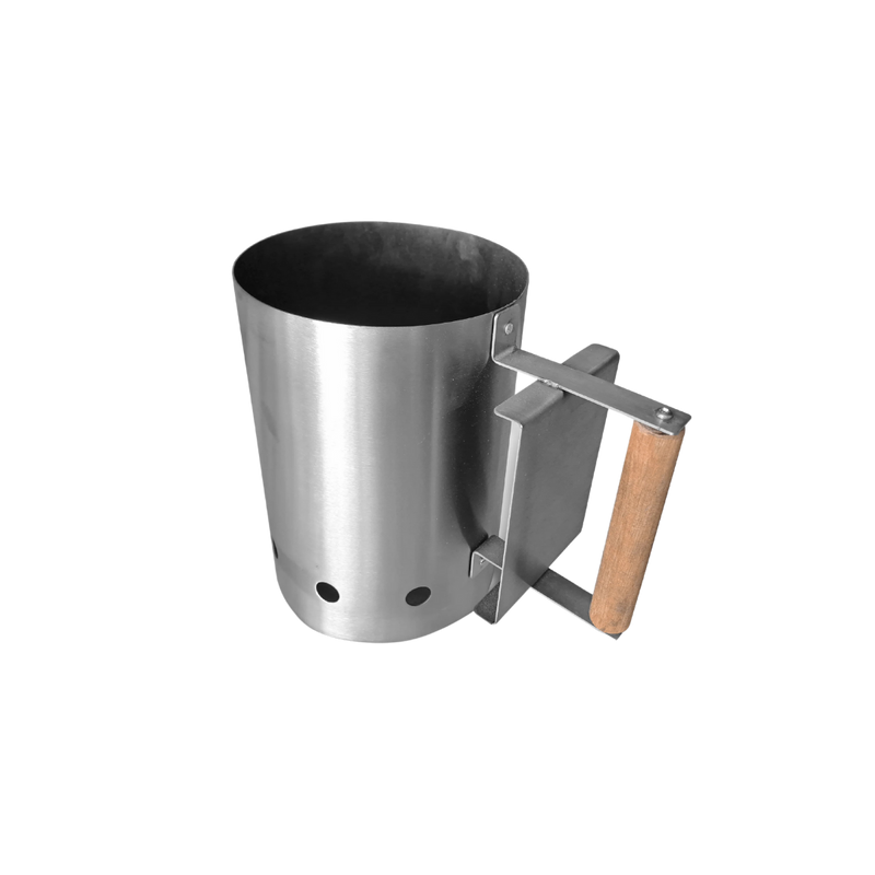 A stainless steel charcoal maker with a metal body and a wooden tray attached by a handle.