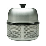 A silver-colored, round, non-stick grill grid with a patented design for innovative grilling.